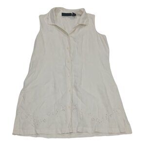 Herman Geist women's cream blouse. sleeveless button front top shirt size L.